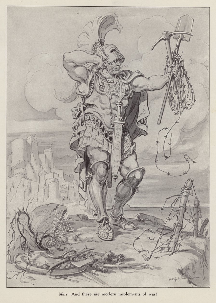 Marte, o deus romano da guerra, segurando pás e arame farpado utilizados na guerra de trincheiras (litografia) de American School