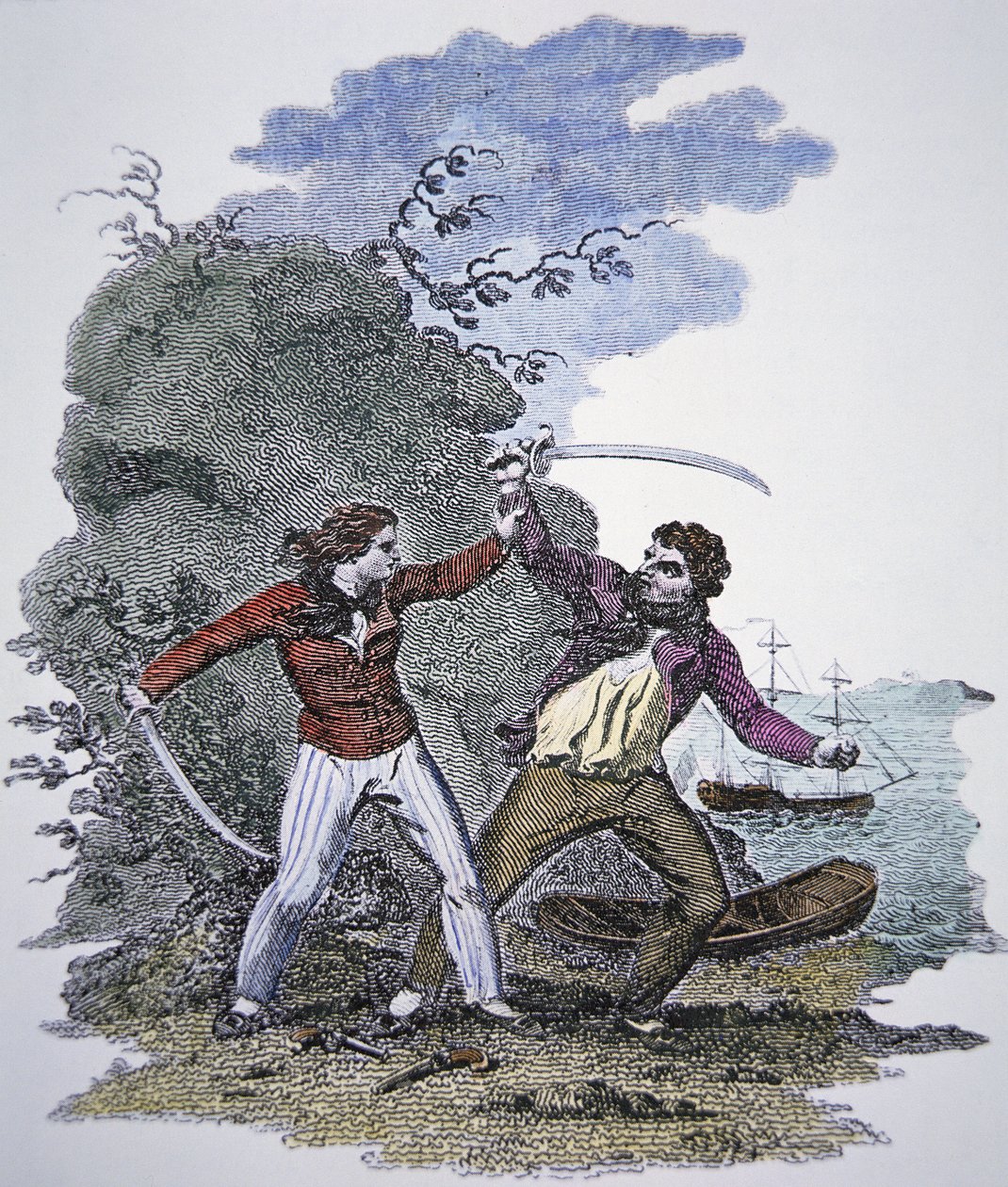 Mary Read luta contra outro pirata para salvar a vida do seu amante masculino (gravura colorida) de American School