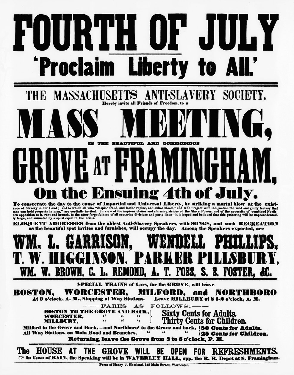 Cartaz da Sociedade Anti-Escravatura de Massachusetts, proclamando a Liberdade para Todos no Dia da Independência, 1859 (impressão) de American School