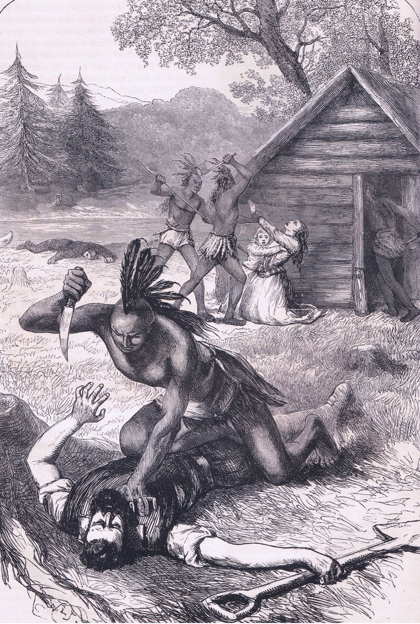 Massacre dos colonos, ilustração do pub Cassell&39;s History of the United States, por Petter & Galpin c.1890 de American School
