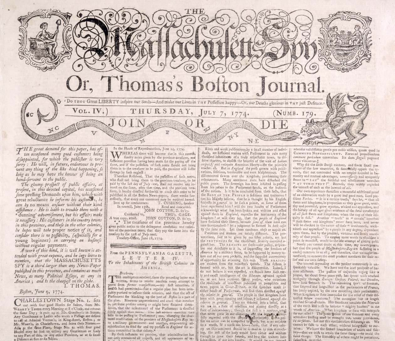 Masthead of the Massachusetts Spy 7 de julho de 1774 (impressão) de American School