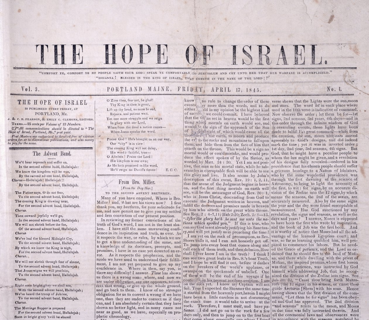 Masthead to The Hope of Israel, impresso em Portland, Maine 17 de abril de 1845 (impresso) de American School