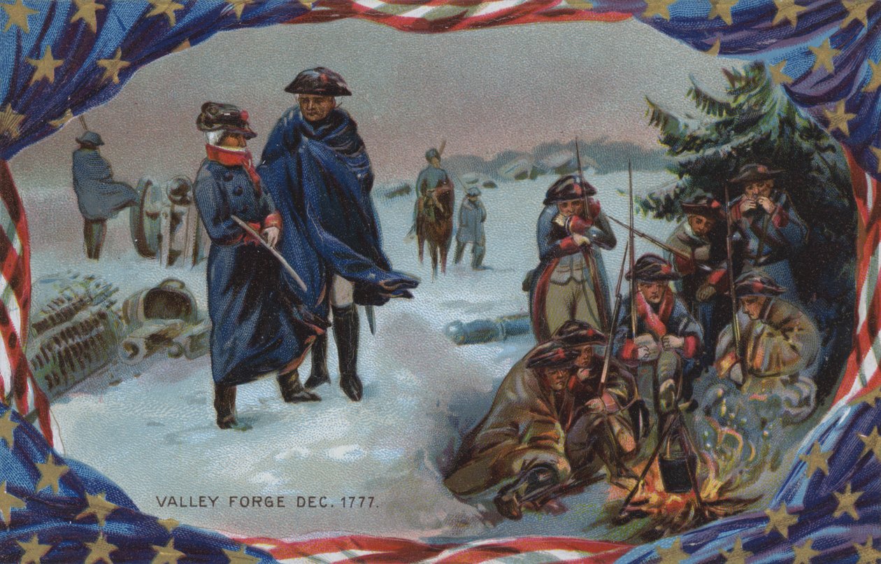 Cartão do Dia da Memória, Valley Forge, dezembro de 1777 (litografia a cores) de American School