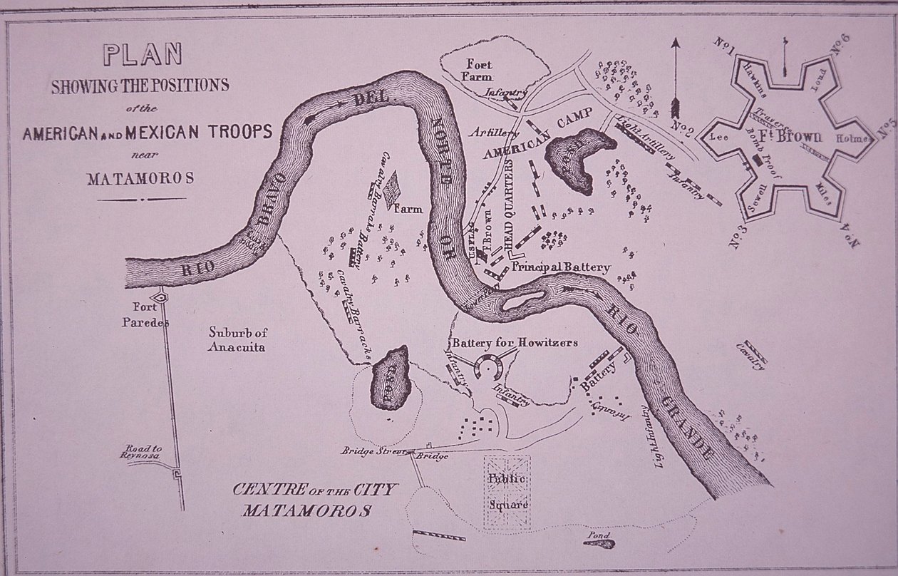 Guerra Mexicano-Americana (1846-48), mapa das tropas americanas perto do Rio Grande e Matamoros de American School