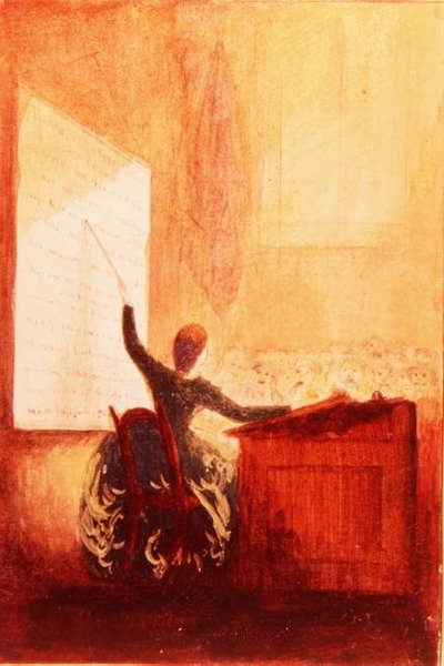 Miss Sarah E. Holden ensinando com a ajuda de uma tabela fonética, c.1840 (aguarela sobre papel) de American School