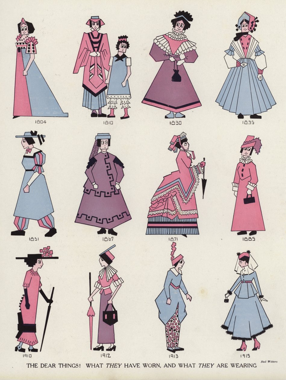 A moda feminina na moda ao longo dos tempos (litografia a cores) de American School