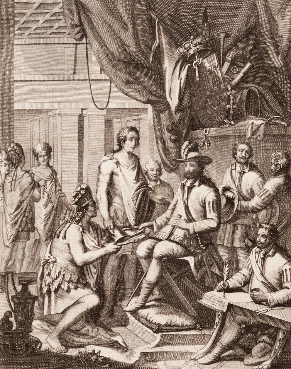 Montezuma entregando o seu império ao rei de Espanha, dando-lhe uma homenagem e prometendo a sua obediência, de Antonio de Solis y Rivadeneira Solis História da conquista do México, gravada por Ximeno de American School