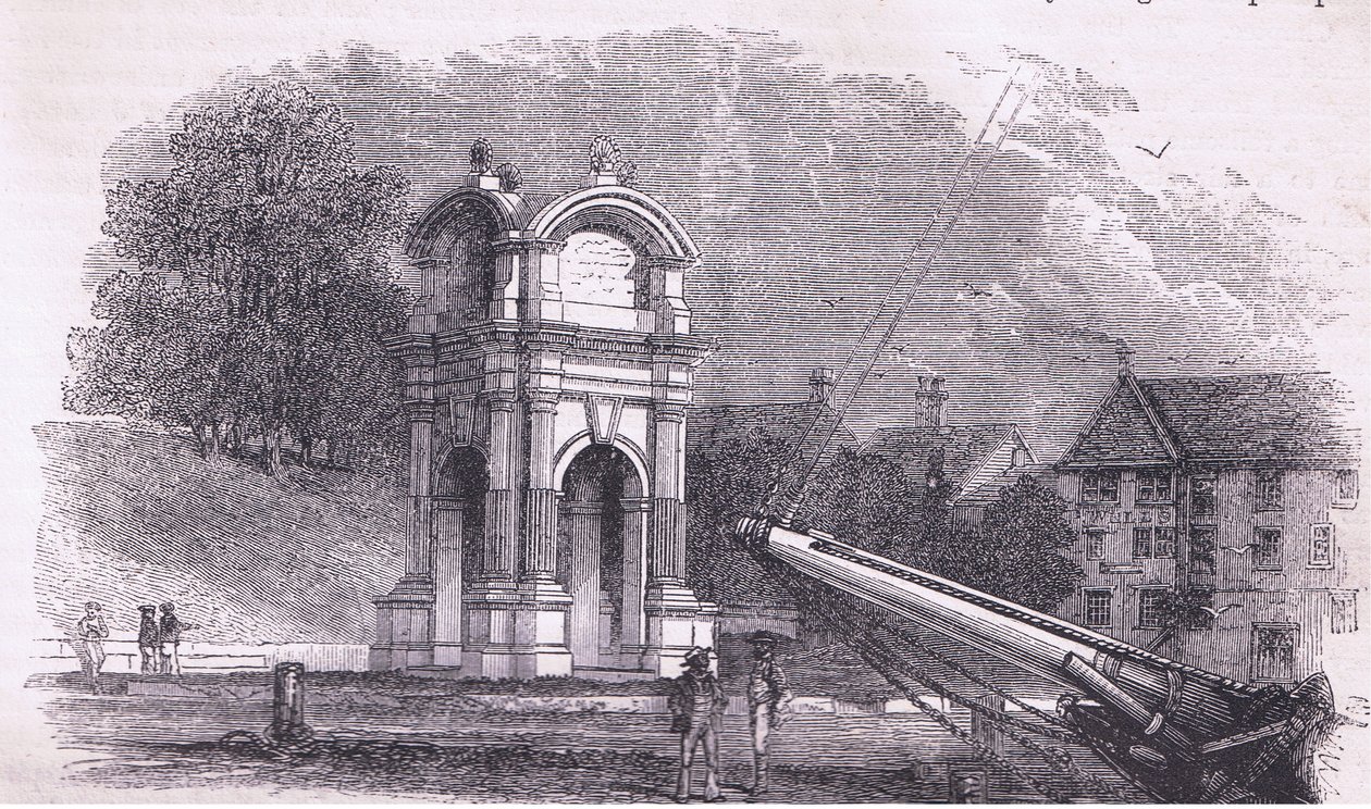 Monumento em New Plymouth para marcar o local do desembarque dos Pais Peregrinos, ilustração de Cassell
