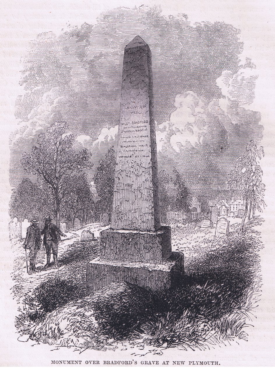 Monumento sobre o túmulo de Bradford em New Plymouth 1641, ilustração de Cassell