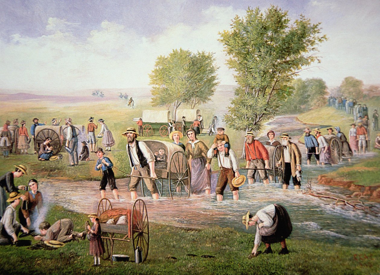 Pioneiros mórmons puxando carrinhos de mão na longa jornada para Salt Lake City em 1856 (cor litho) de American School