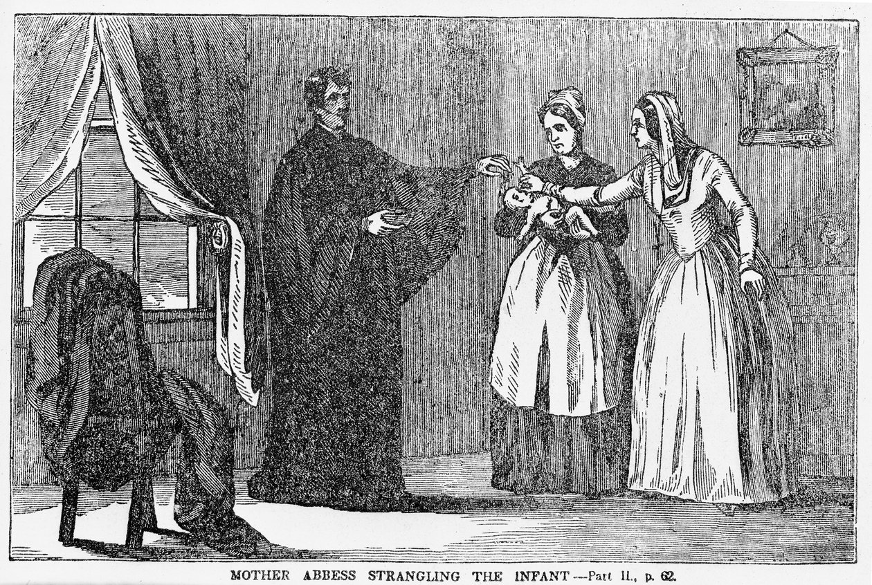 Mãe abadessa estrangulando o infante, ilustração de um panfleto anticatólico de American School
