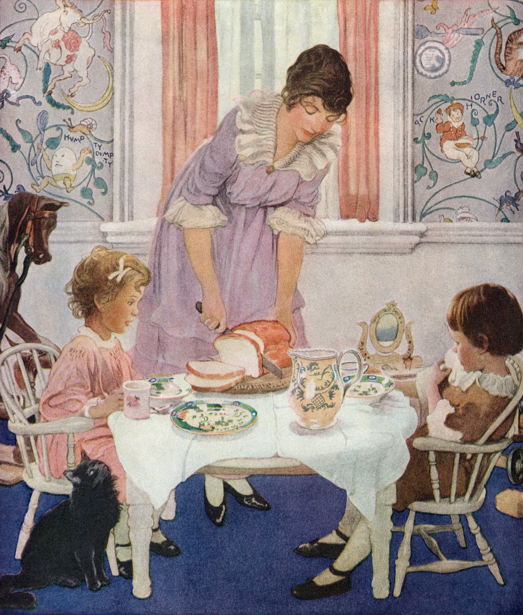 Mãe a cortar o pão para os seus filhos de American School