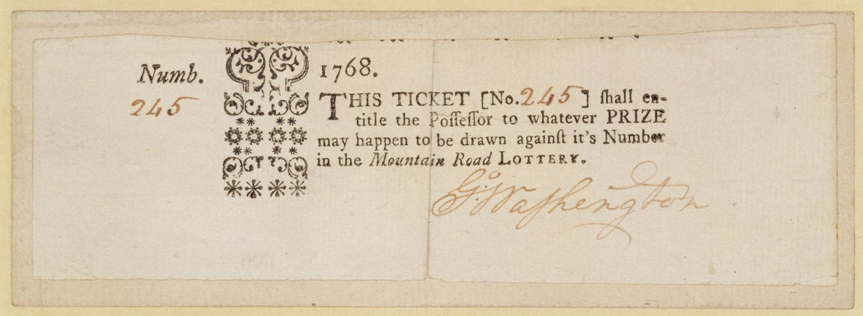 Bilhete da loteria da estrada da montanha, assinado por George Washington (1732-99) 1768 (tinta no papel) de American School