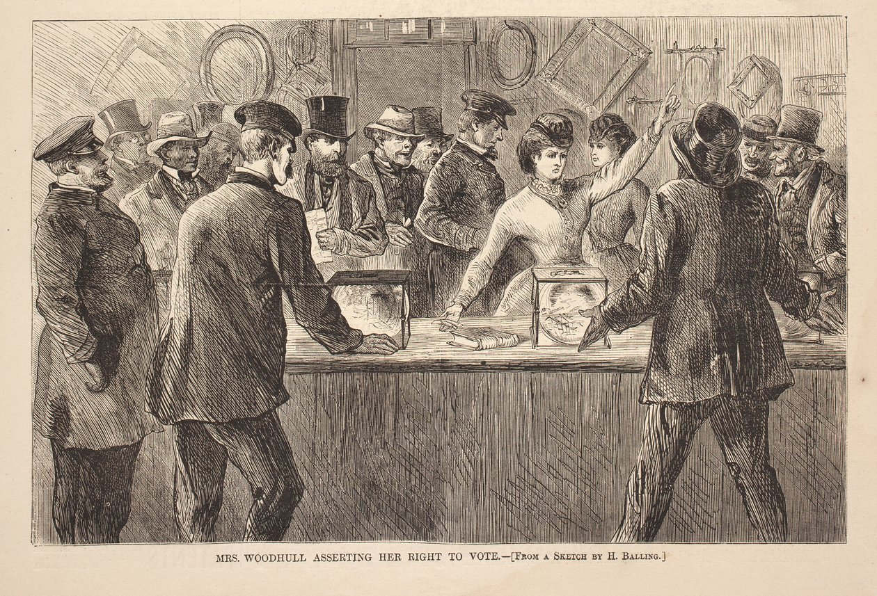 Sra. Woodhull Asserting Her Right to Vote, gravura da Harpers Weekly, 25 de novembro de American School