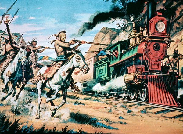 Guerreiros nativos americanos atacam o "cavalo de ferro" invasor (óleo sobre tela) de American School
