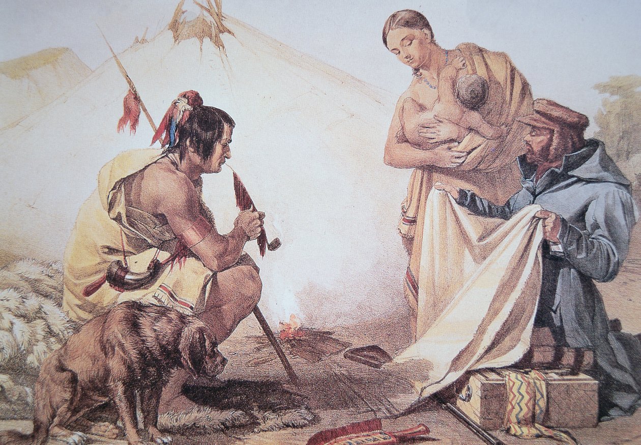 Nativos americanos comercializando peles (cor litho) de American School