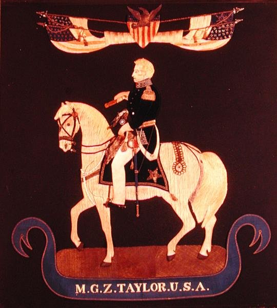 Quadro de agulhas retratando o Major-General Zachary Taylor a cavalo, c.1846-55 (feltro, seda, linho, algodão, metal, couro, vidro, tinta) de American School
