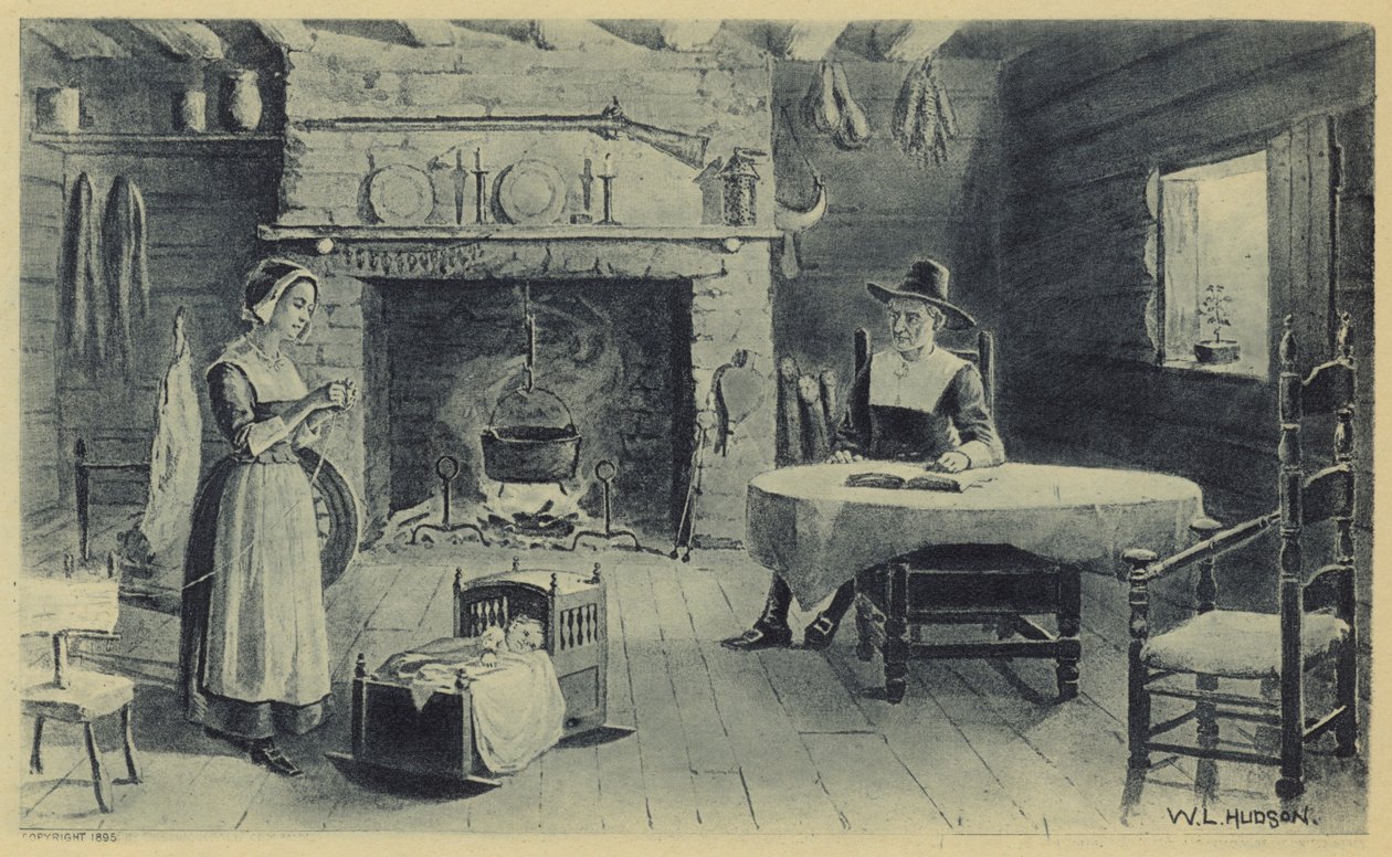 Casa dos Pioneiros de Nova Inglaterra (litografia) de American School
