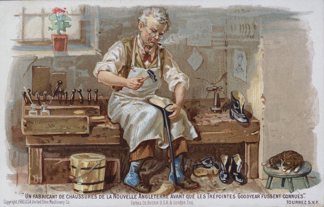 Fabricante de calçado da Nova Inglaterra da época anterior à introdução da sola Goodyear (cromolitografia) de American School
