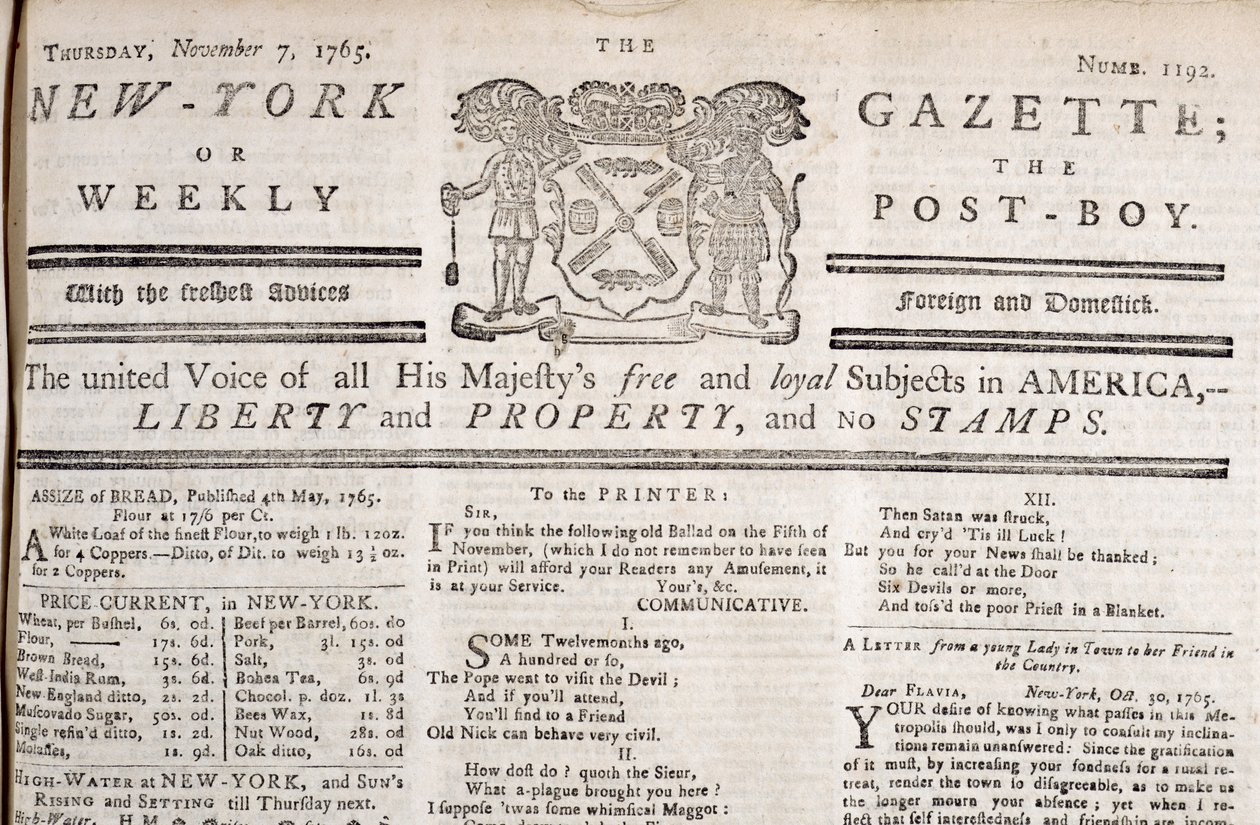 Manchete do New York Gazette declarando sua oposição aos selos, impressa em 7 de novembro de 1765 (impressão) de American School