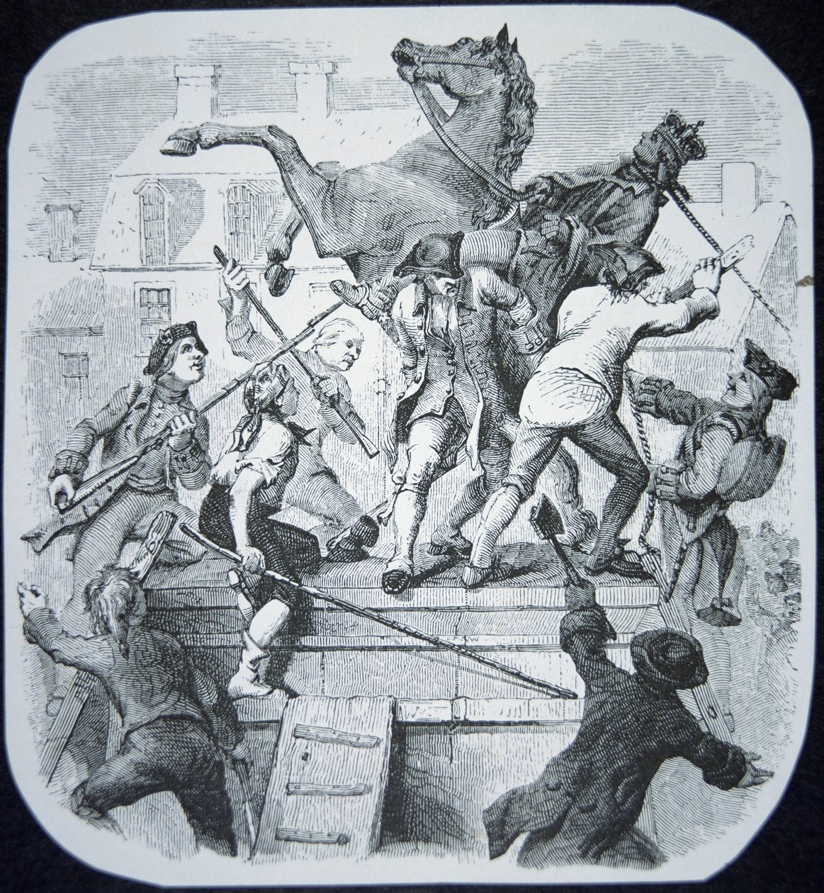 Rebeldes de Nova Iorque derrubam a estátua do odiado George III da Inglaterra (litho) de American School