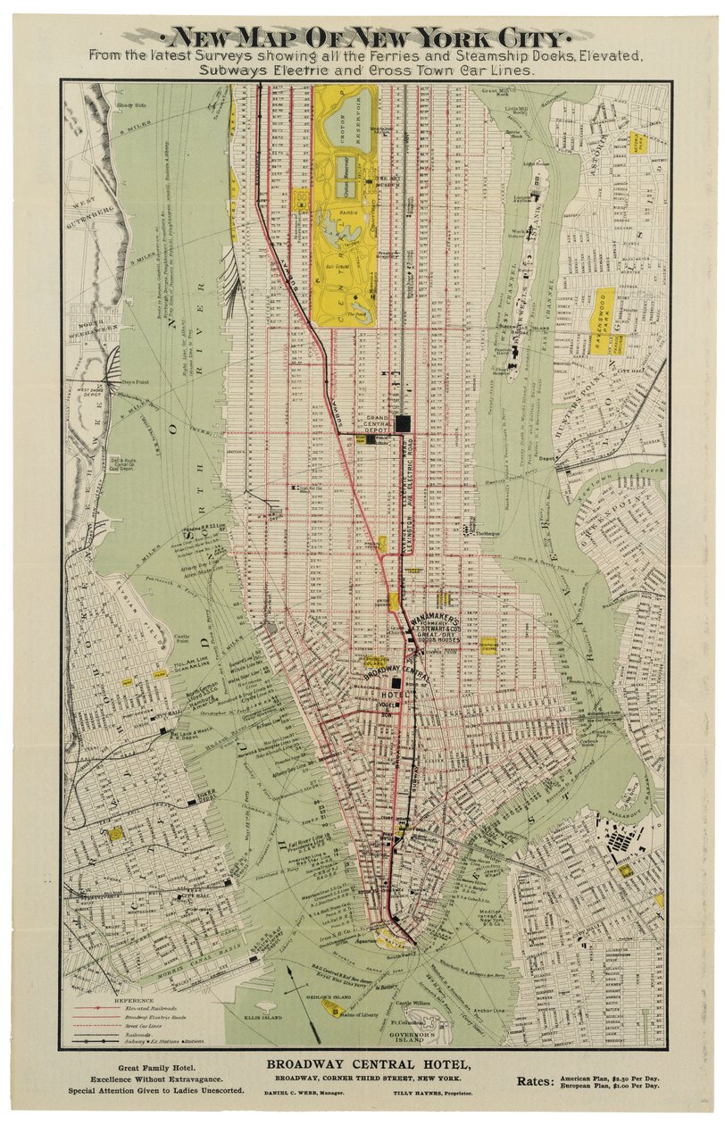 Novo mapa da cidade de Nova Iorque a partir das últimas pesquisas que mostram todos os ferries e docas de navios a vapor, os metrôs elevados, elétricos [sic] e as linhas de carros da cidade de American School