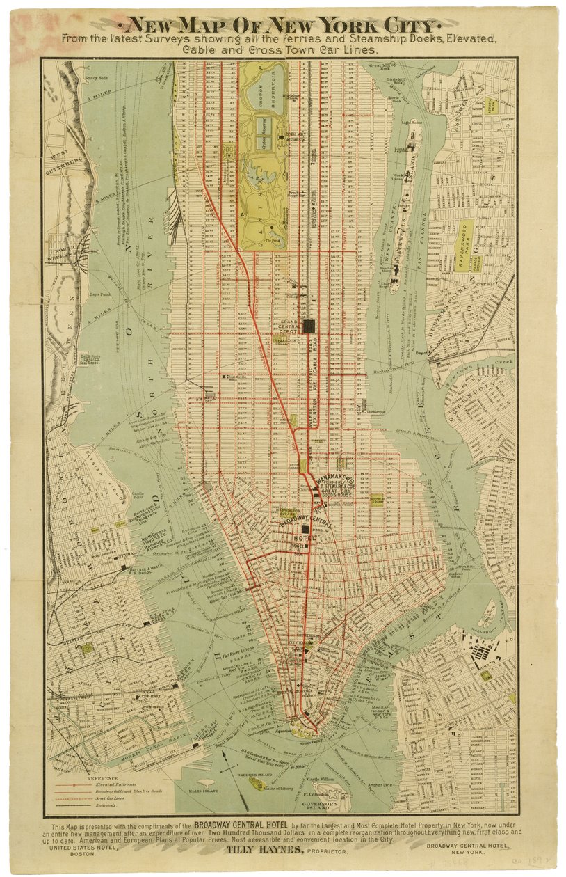 Novo mapa da cidade de Nova Iorque a partir das últimas pesquisas mostrando todos os ferries e as docas dos navios a vapor, os metrôs elevados, elétricos [sic] e cruzando as linhas de carros da cidade. de American School