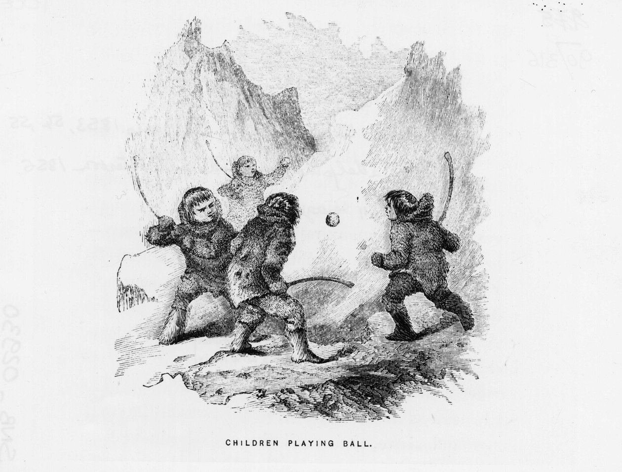 Pólo Norte: crianças jogando um jogo de bola no saco de gelo - Elisha Kent Kane; Exploração Artica nos anos 1853-1855 (Filadélfia, Crianças e Peterson de American School