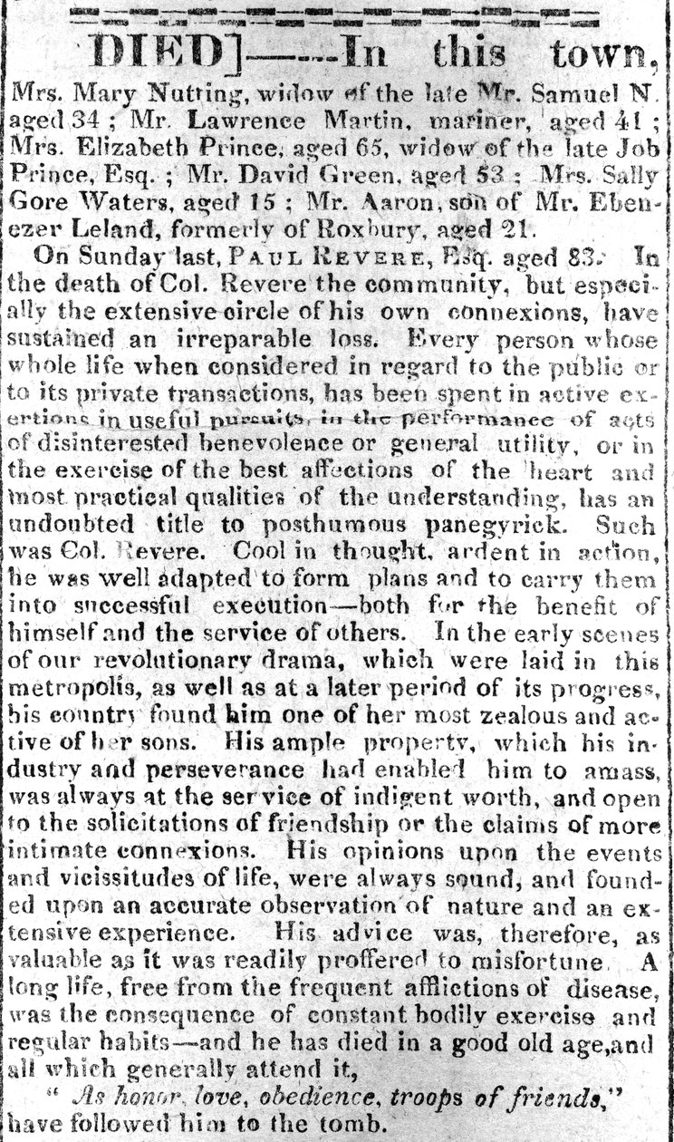 Página de obituário do Boston Intelligencer, 16 de maio de 1818 (impressão) de American School