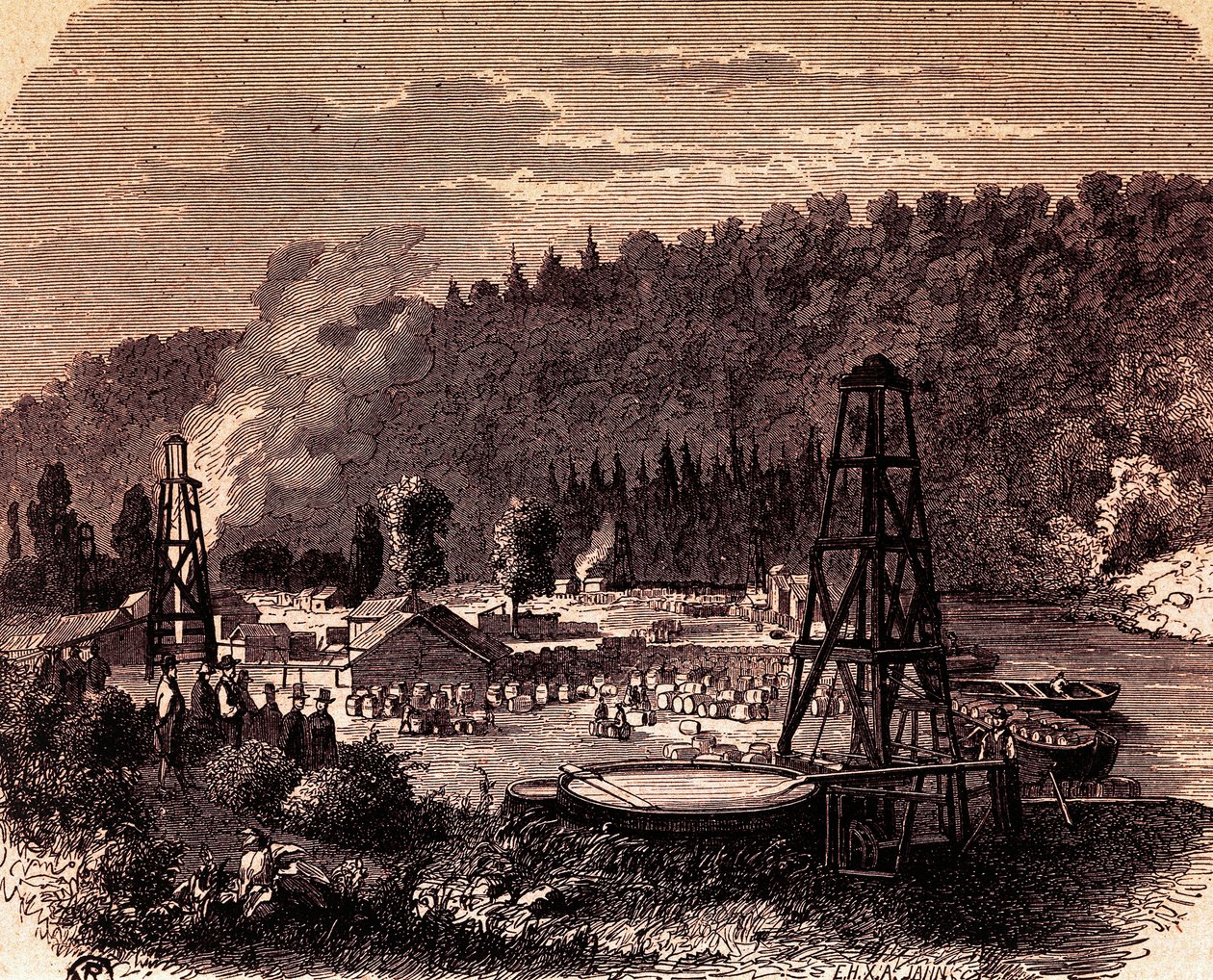 Campos de petróleo em Titusville, na Pensilvânia, com o primeiro poço Derrick inventado por Edwin Laurentine Drake em 1859, gravura, EUA de American School