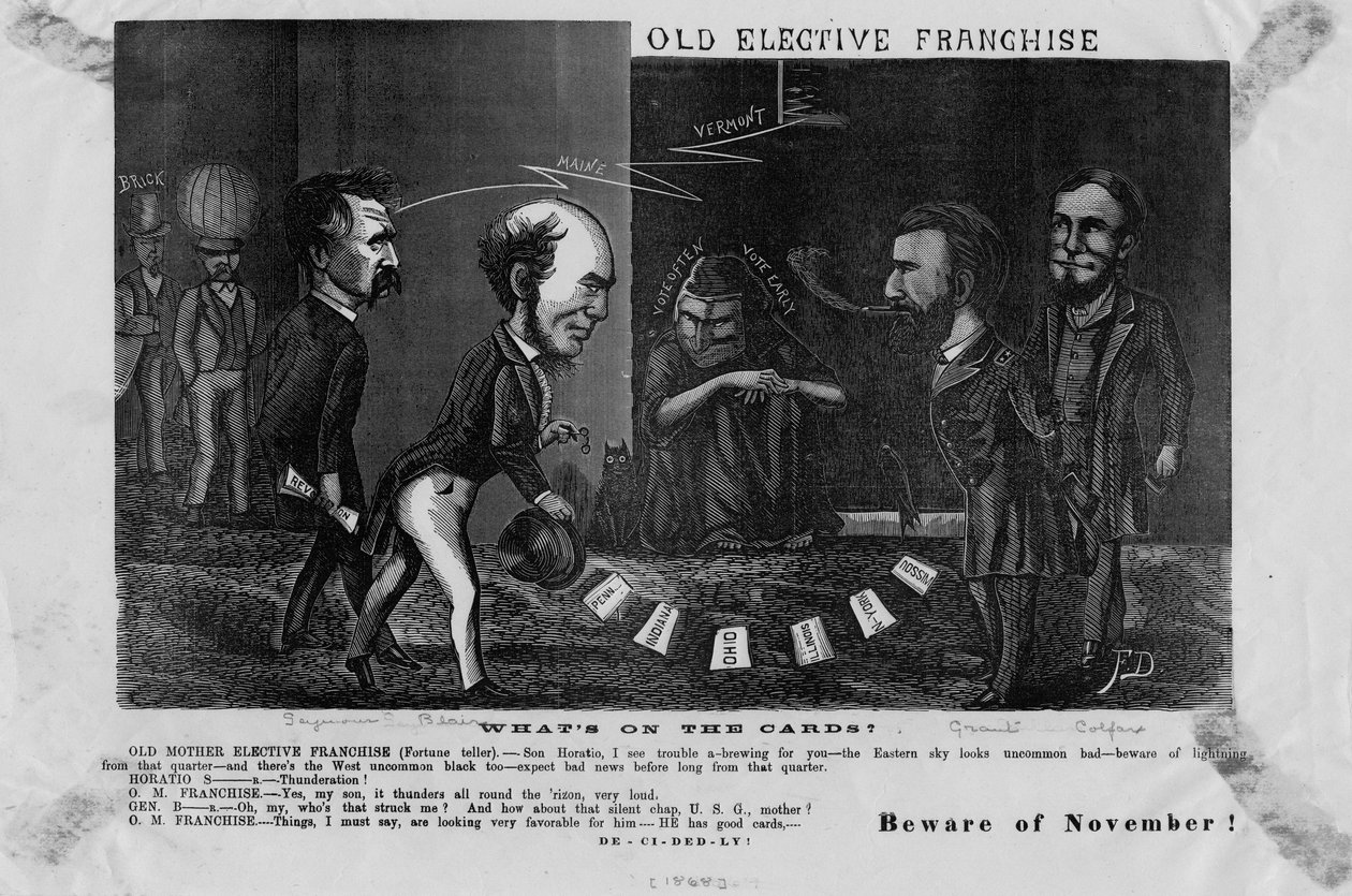 Franquia eletiva antiga, o que está nos cartões : cuidado com novembro !, c. 1868 de American School