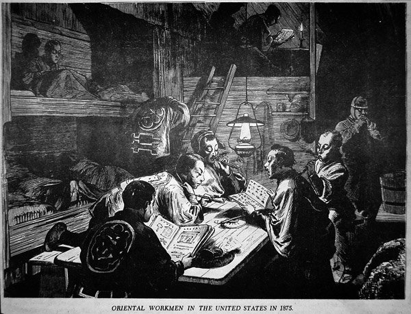Trabalhadores orientais (chineses) nos Estados Unidos em 1875 (litho) de American School