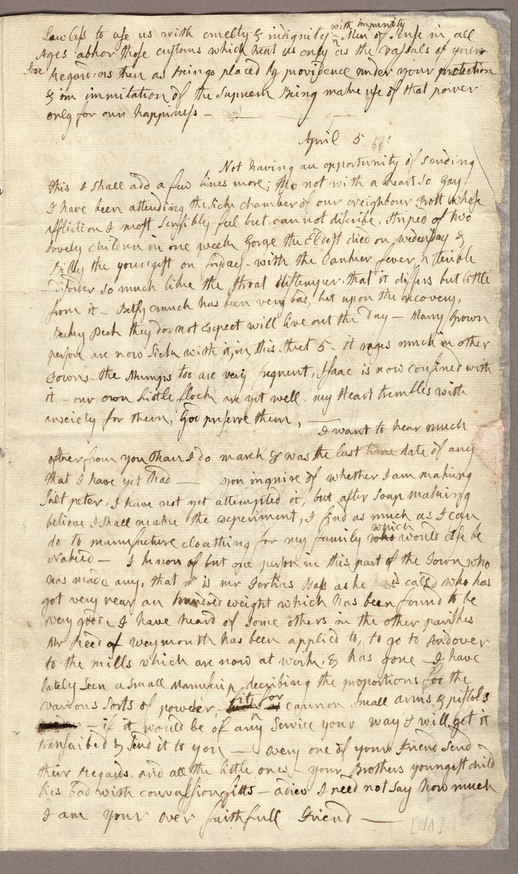 Página 3, Carta de Abigail Adams a John Adams, 31 de Março - 5 de Abril de 1776 (tinta sobre papel) de American School