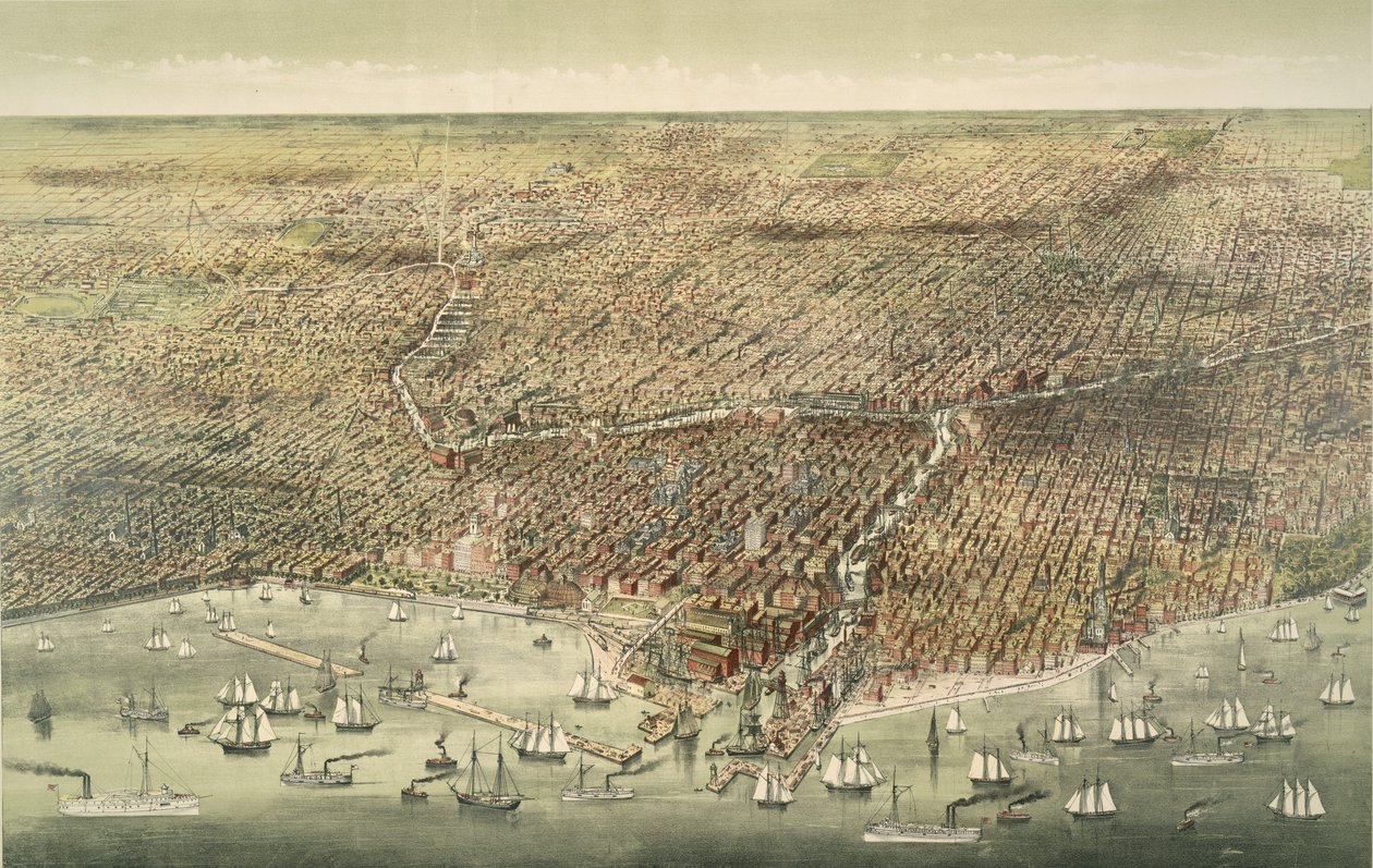 Vista panorâmica da cidade de Chicago, pub. 1892 (litografia a cores) de American School