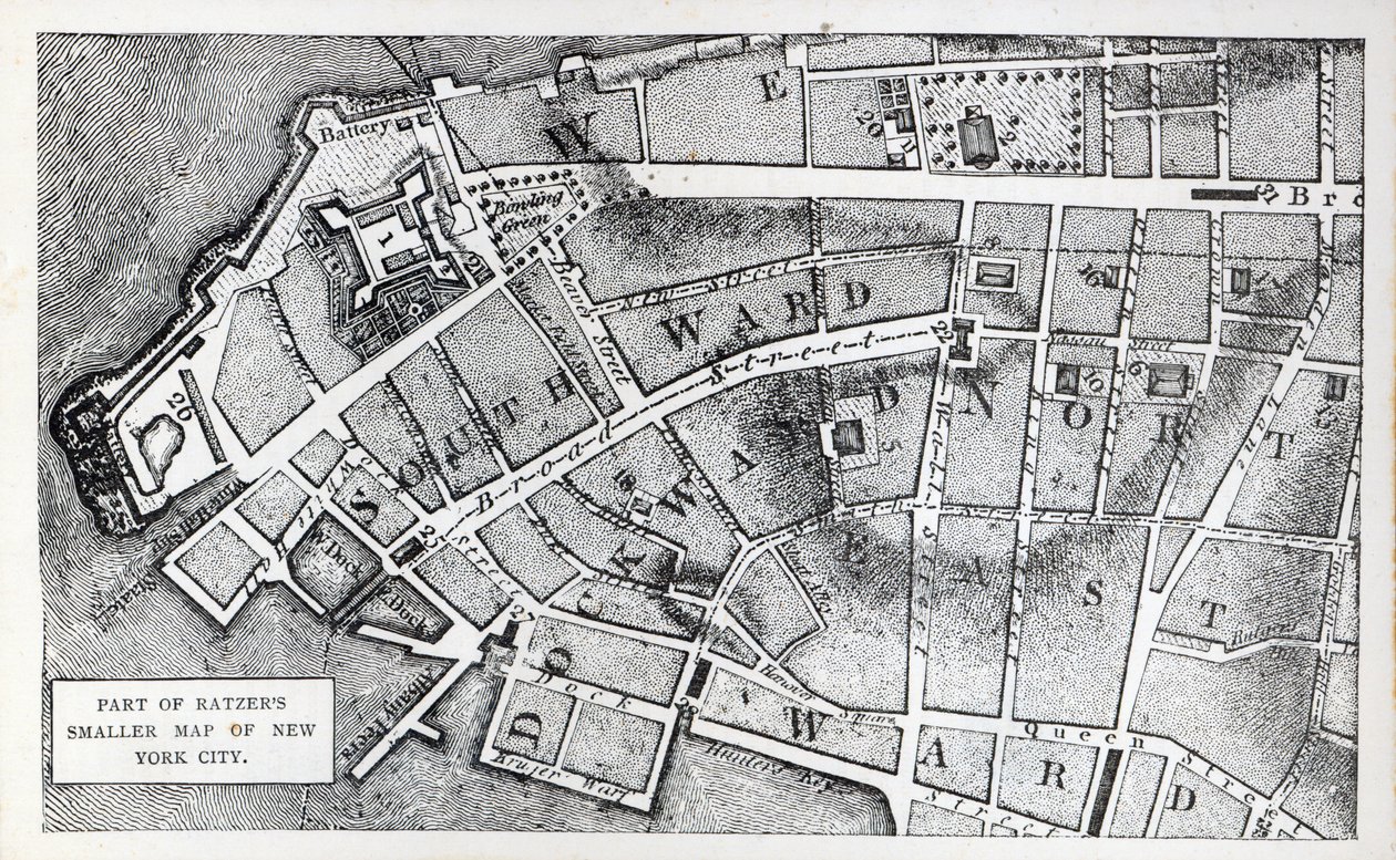 Parte do mapa menor da cidade de Nova Iorque de Bernard Ratzer (litho) de American School