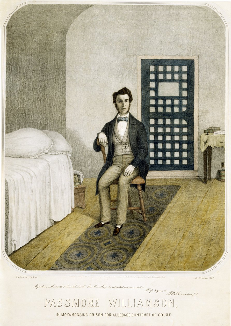 Passmore Williamson na prisão de Moyamensing por alegado desacato ao tribunal, pub. 1855 (litografia a cores) de American School