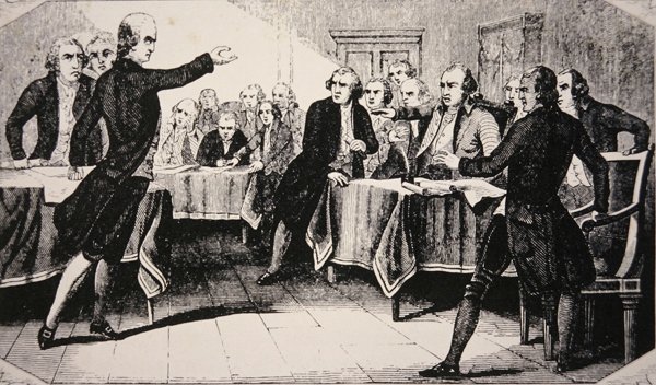 Patrick Henry antes da Assembléia da Virgínia em março de 1775 (lito) de American School