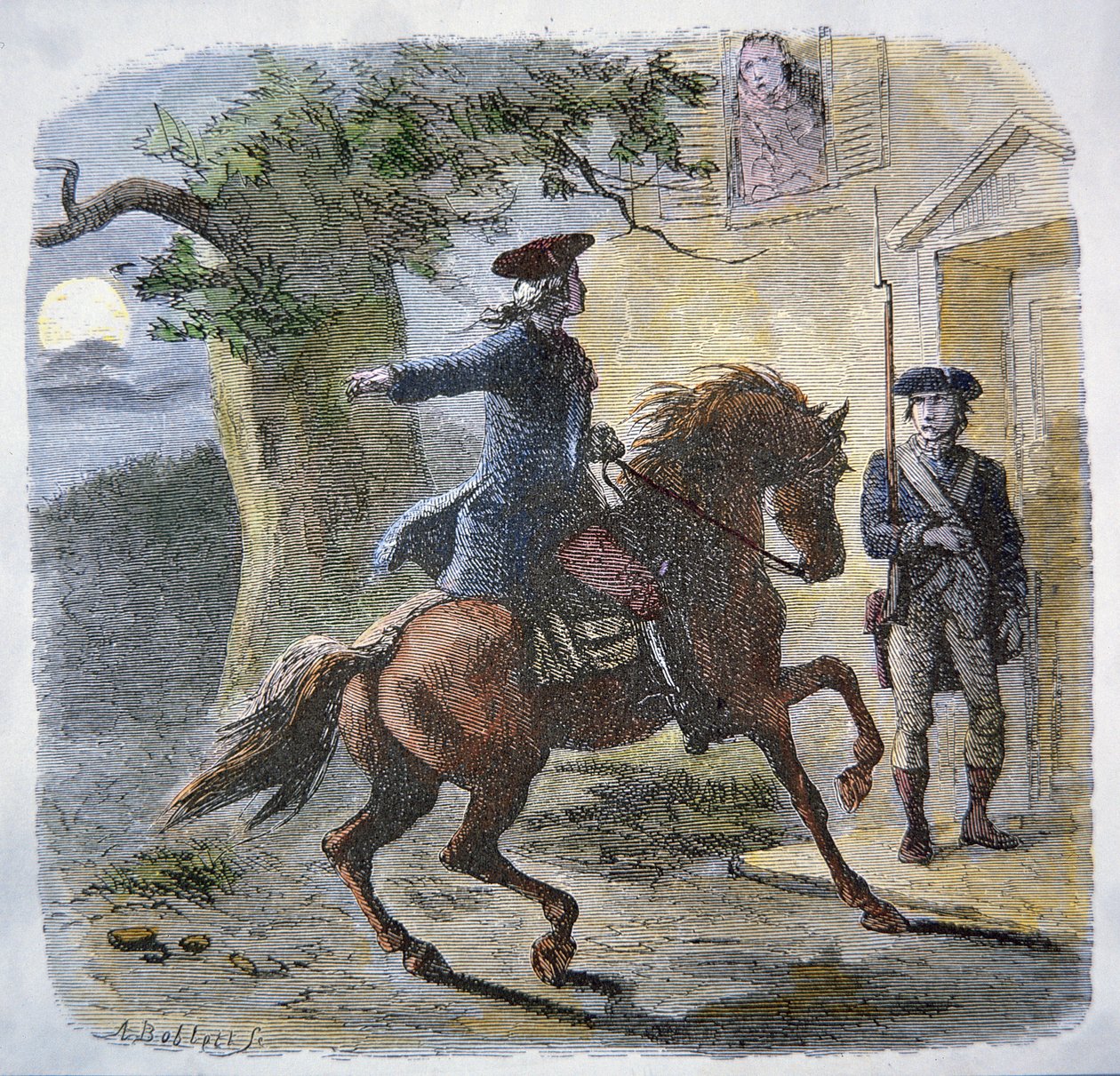O famoso passeio de Paul Revere na noite de 18 de Abril de 1775 (cor litho) de American School