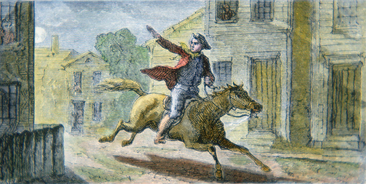 O famoso passeio de Paul Revere na noite de 18 de Abril de 1775 (cor litho) de American School
