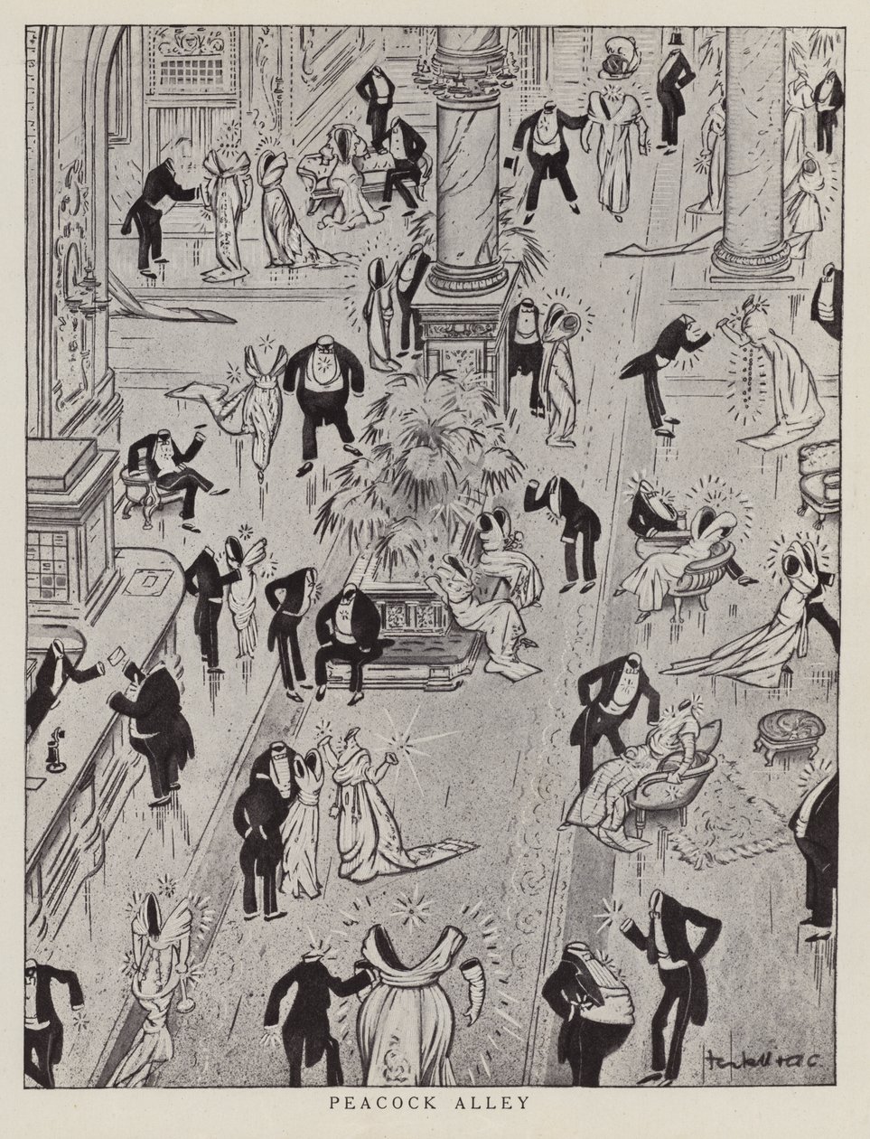 Peacock Alley, banda desenhada que troça da moda ostentatória da época (litografia) de American School
