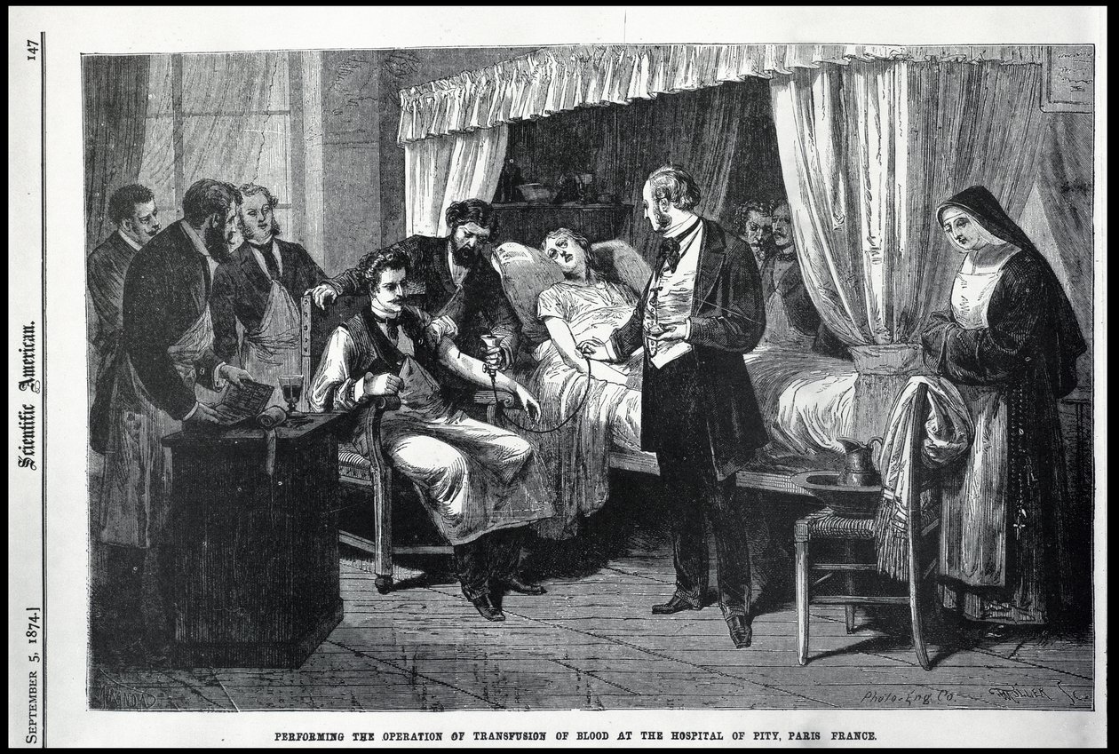 Realizando a Operação da Transfusão de Sangue no Hospital de Piedade, Paris, França, ilustração do cientista americano de American School