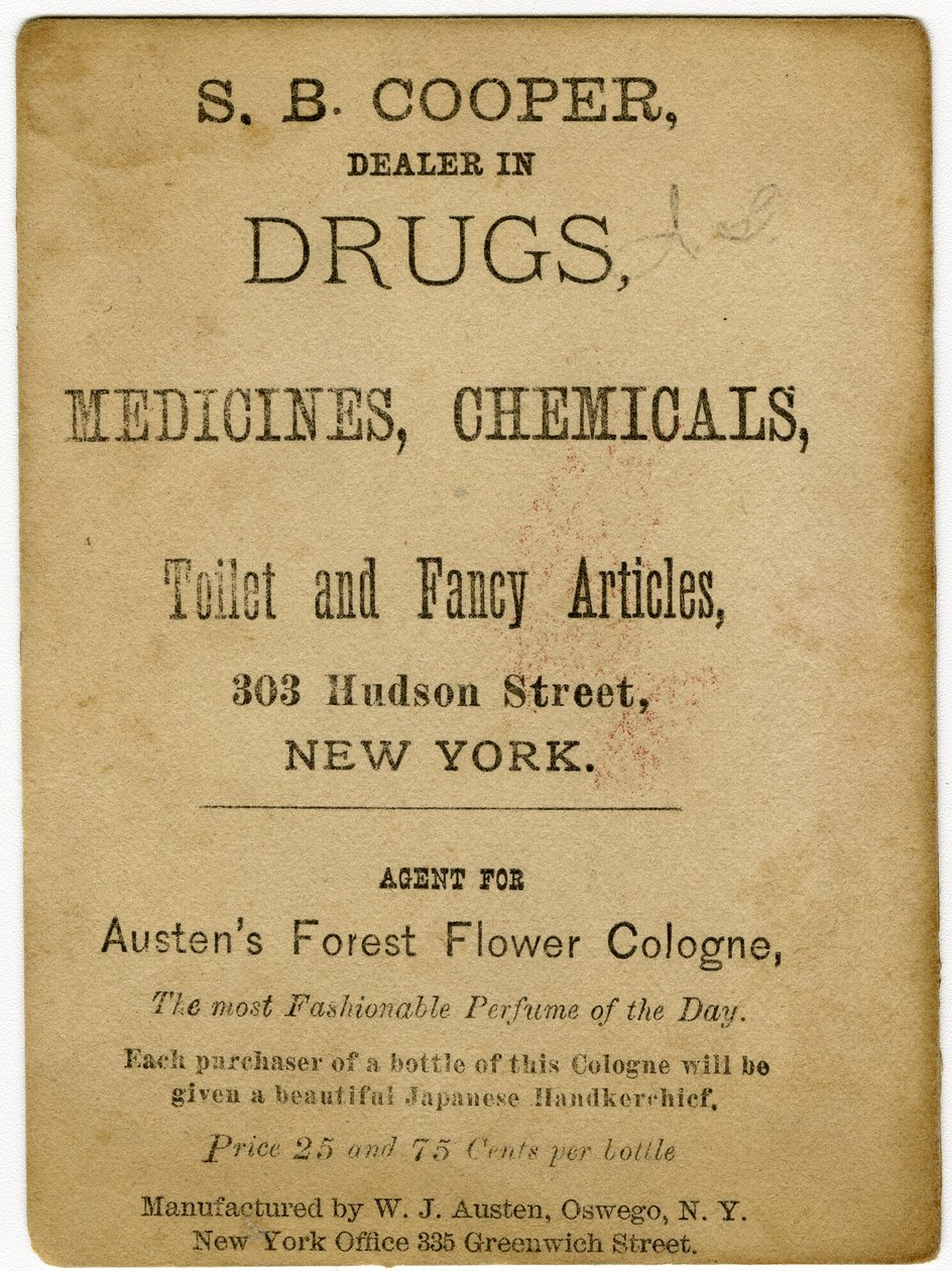 Perfumado com Austens Forest Flower Cologne; SB, Cooper, traficante de drogas [verso do cartão de comércio] (impressão) de American School