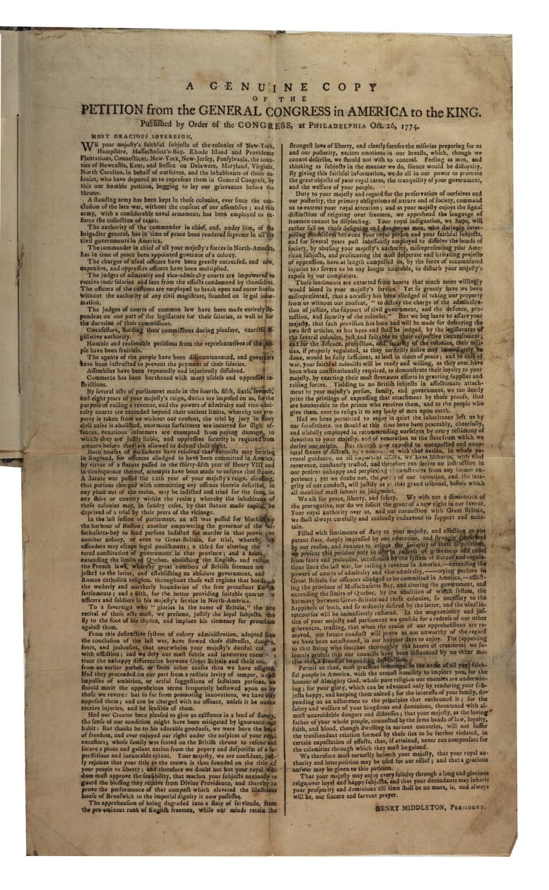 Petição do Congresso Geral na América ao Rei, Congresso Continental, 26 de outubro de 1774 de American School