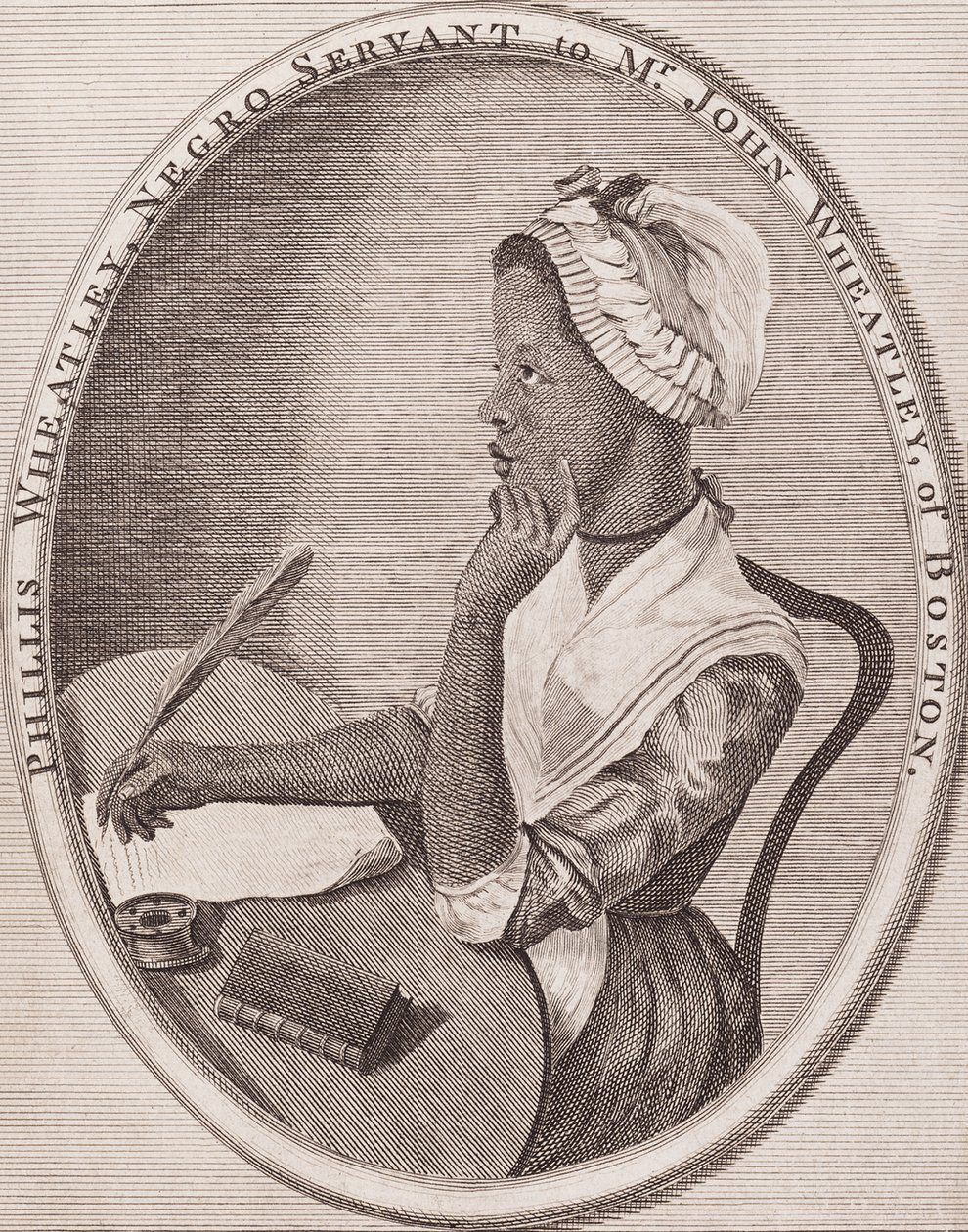 Philiis Wheatley (1753-1784). Poeta afro-americana. Frontispício gravado para a sua obra «Poemas», 1773. de American School