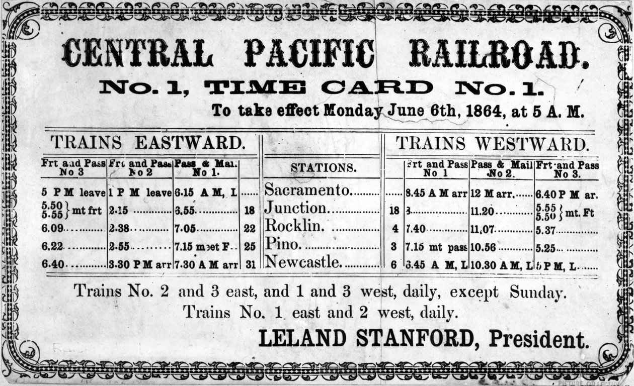 Cópia fotográfica do calendário original da Central Pacific Railroad Companys para 6 de junho de 1864, 1864 de American School