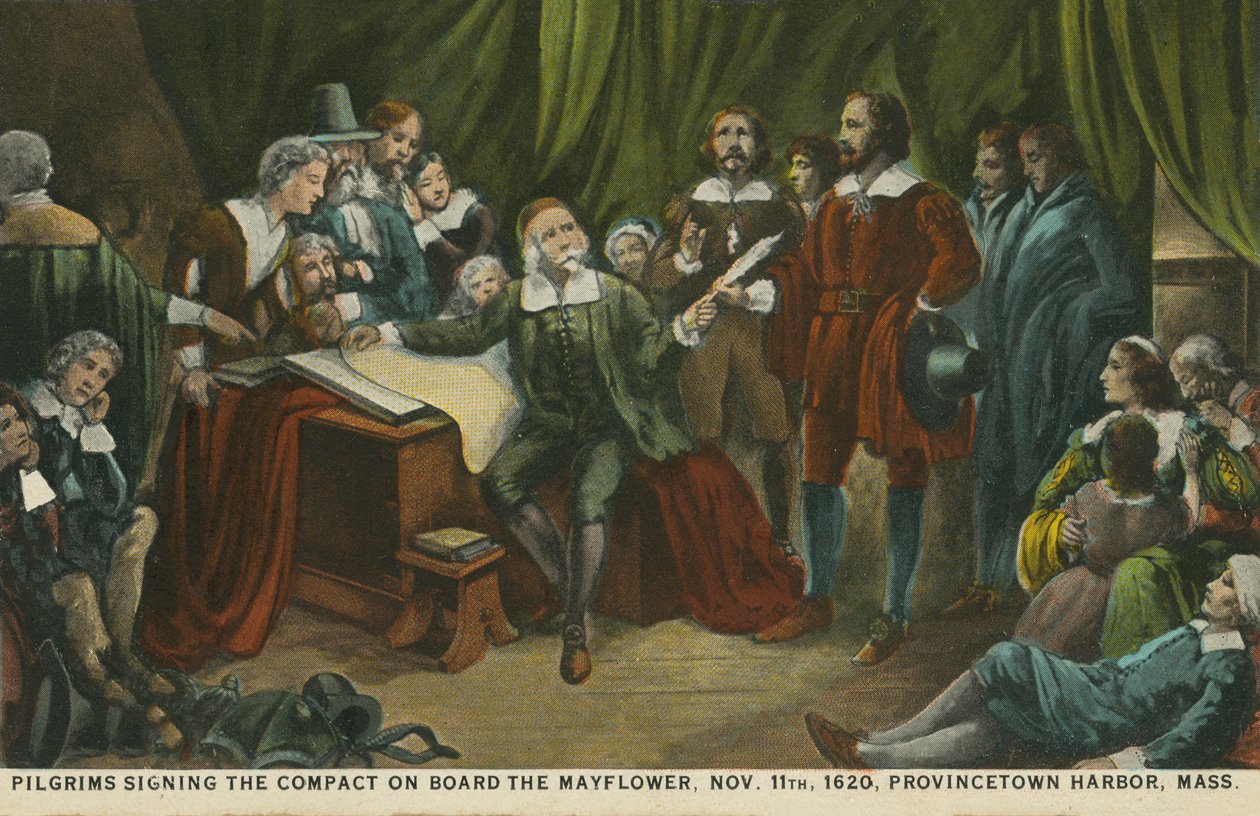 Peregrinos a assinar o pacto a bordo do Mayflower, no porto de Princetown, Massachusetts de American School