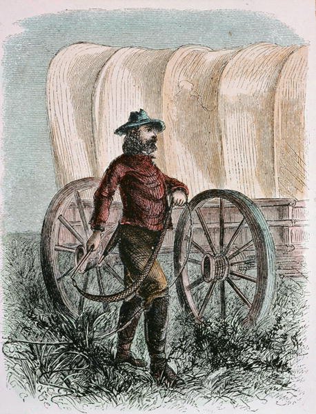 Bullcracker Pioneiro segurando seu chicote de touro (gravura) de American School