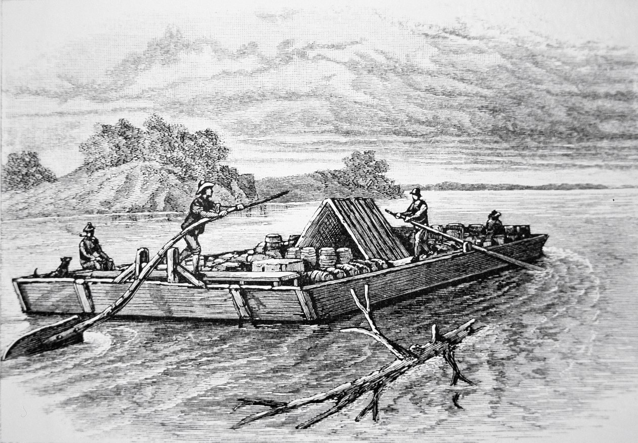 Pioneer flatboat no rio Mississippi, c. 1840 (gravura) de American School