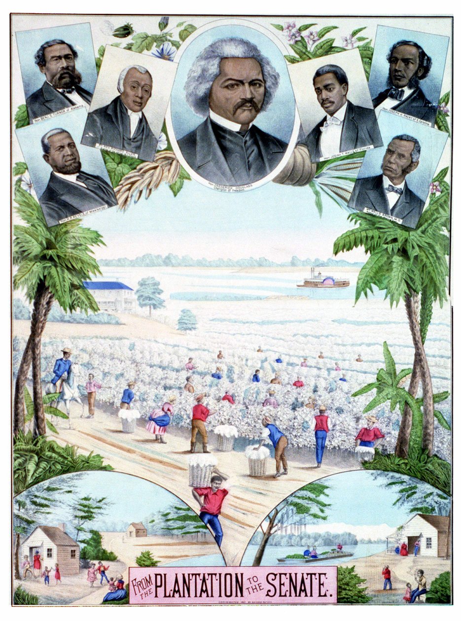 Plantações no Senado: ilustração retratando trabalhadores negros em plantações de algodão e senadores negros no sul dos Estados Unidos. de American School