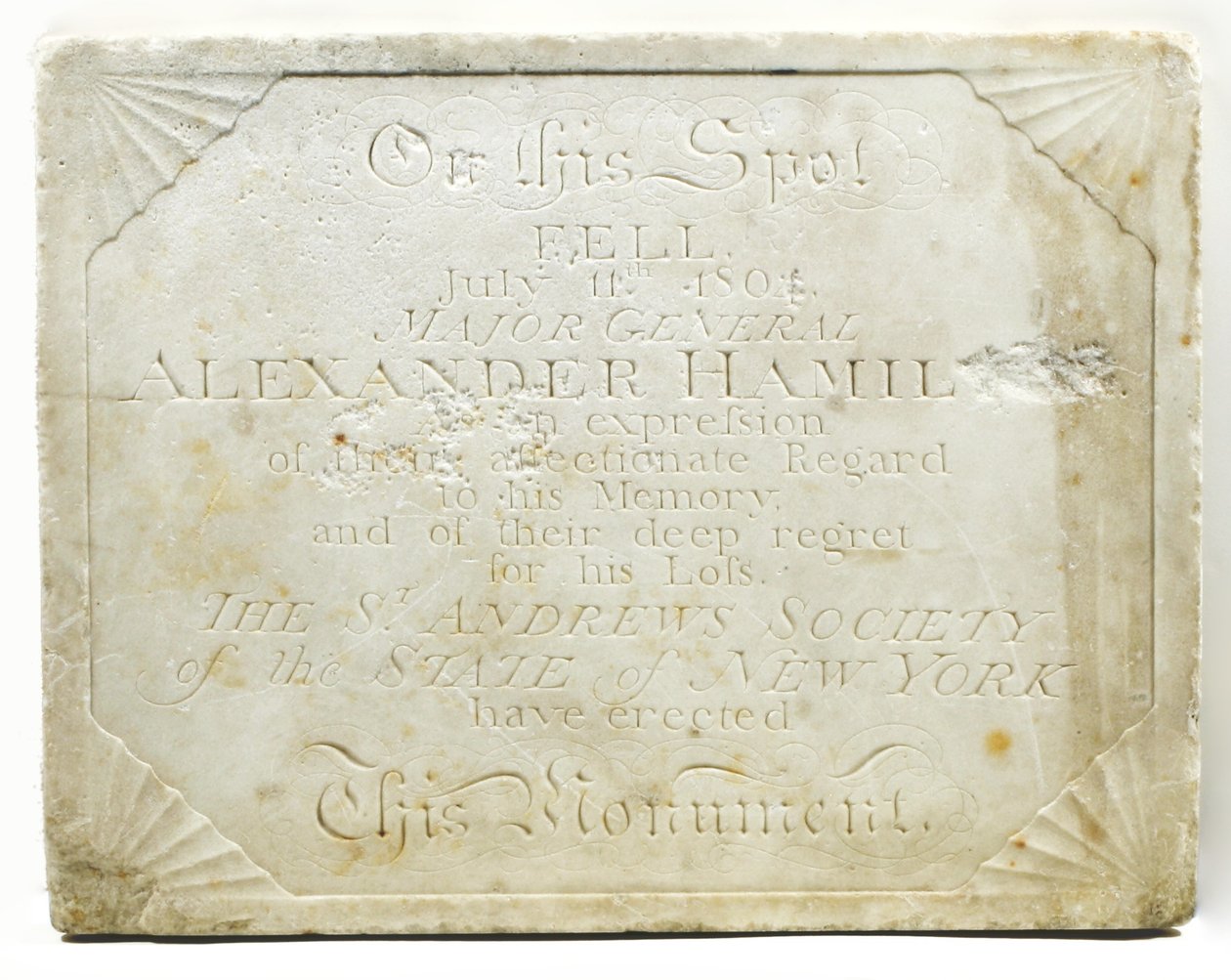 Placa para o cenotáfio marcando o local onde Alexander Hamilton foi mortalmente ferido durante um duelo com Aaron Burr, c.1805 (mármore) de American School